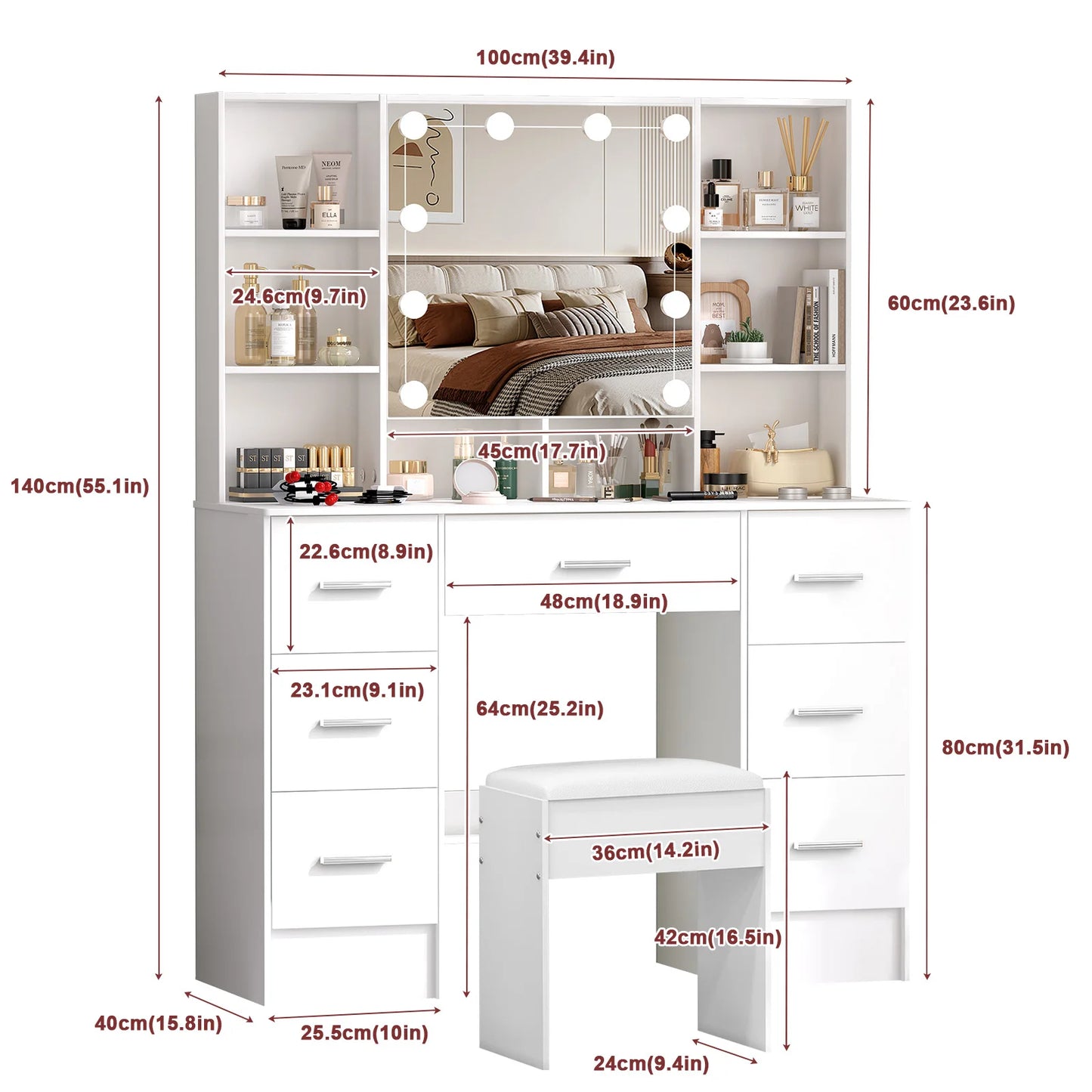 Minimalist vanity with Stool & light-up mirror – 3 light modes, slide-out drawers & shelves