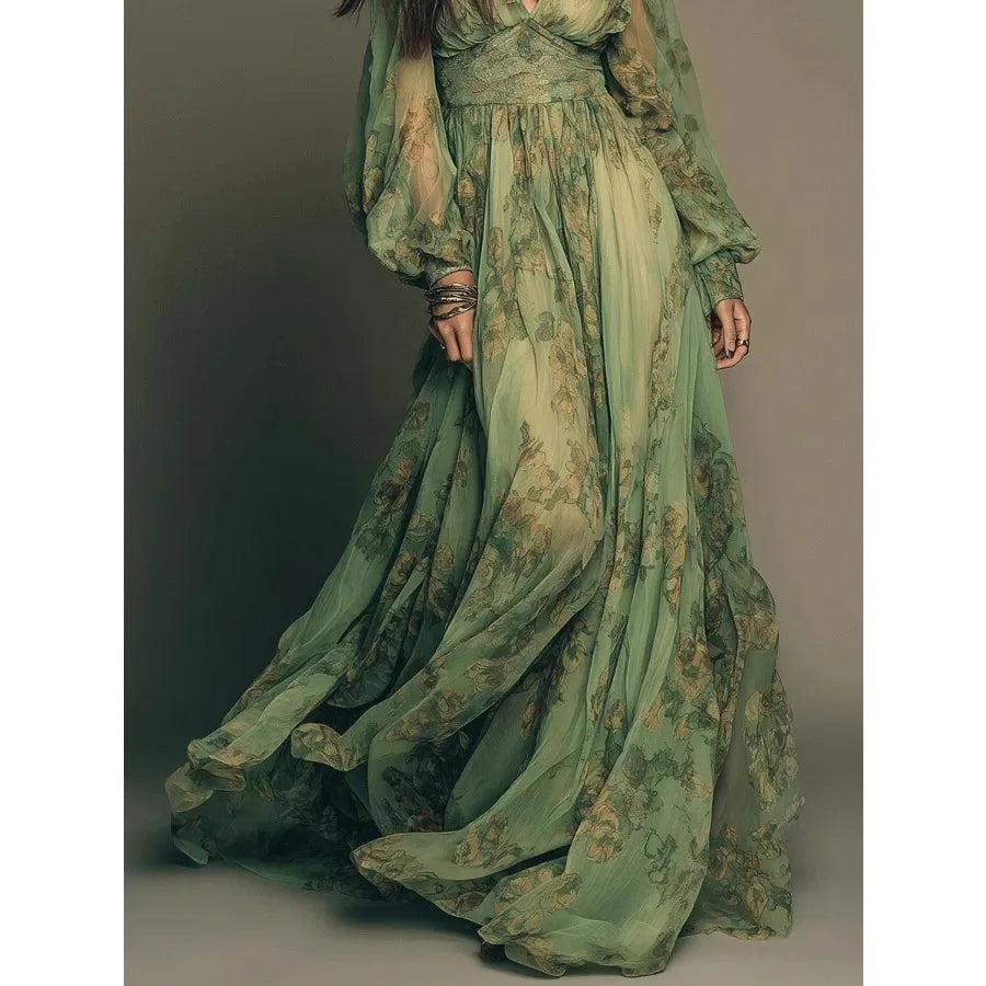 2026 European and American - Independence hot sales pastoral style bohemian print v-neck long-sleeved dress
