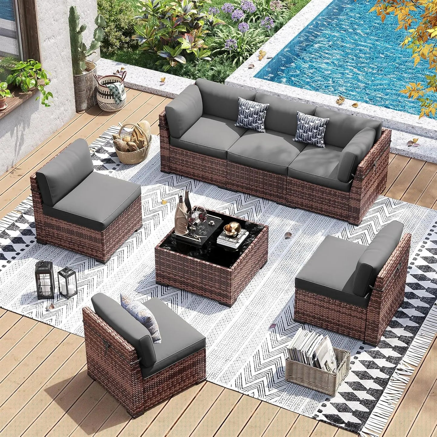 Patio Furniture Set, 7 Pieces PE Wicker Sectional Sofa with Tea Table, Outdoor Conversation Set for Patio, Garden,, Customized