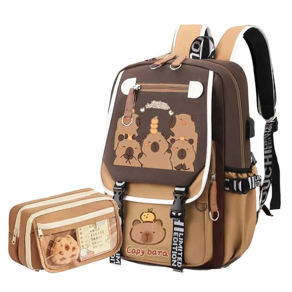 Capybara Cute Backpack with Pencil Case Kawaii Schoolbag Large Capacity Adorable Lightweight Daypack Shopping Work Trip Backpack