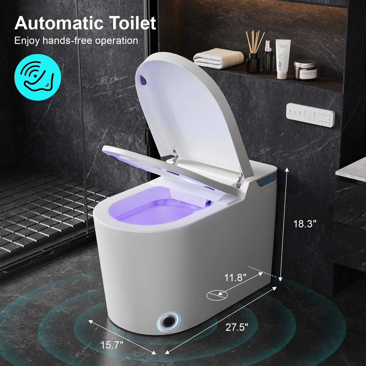 Smart One-Piece Toilet with Built-in Bidet, Dual Auto Flush, Foam Dispenser, Foot Sensor, Heated Seat, Warm Water, Night Light