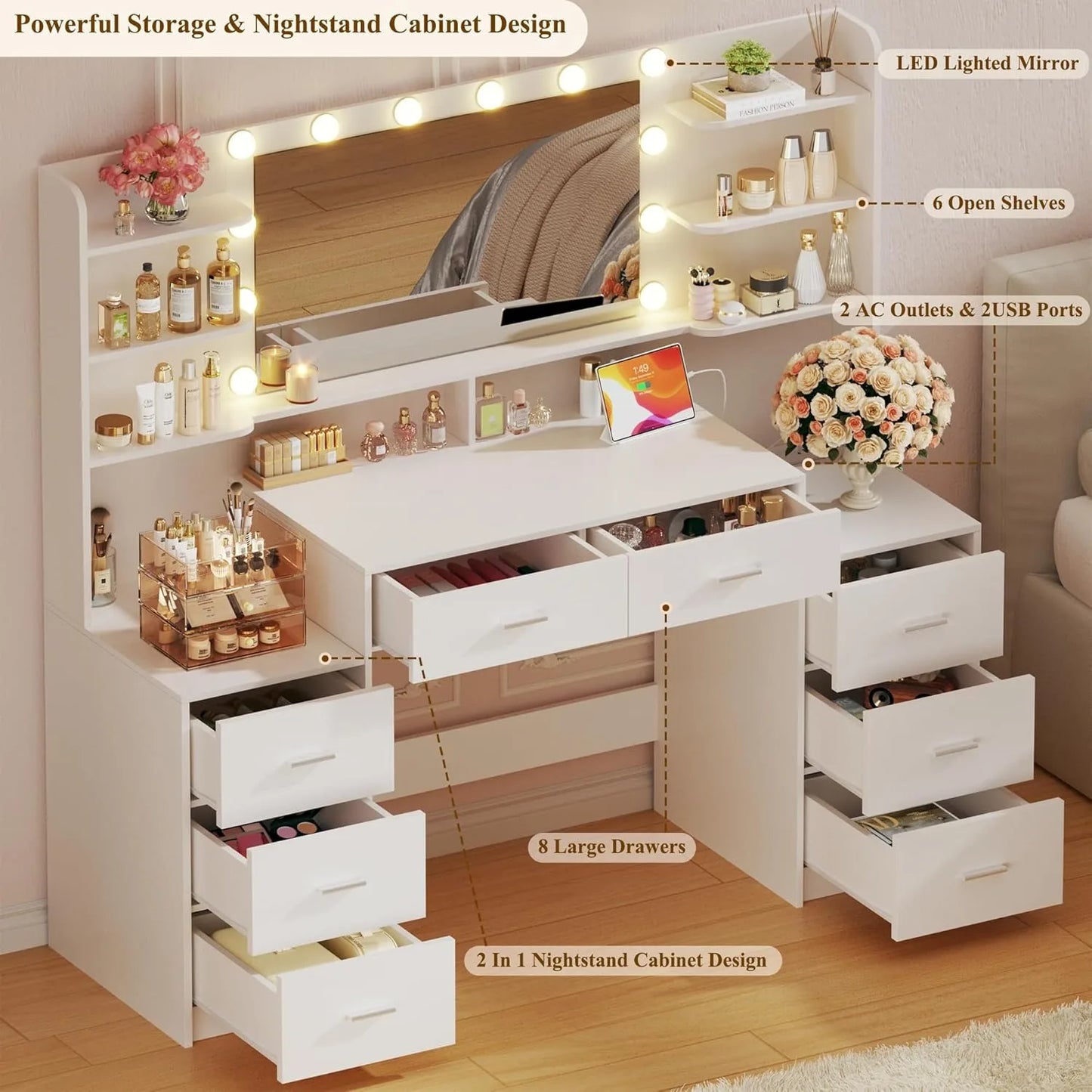 Large Vanity Desk with Mirror， White Makeup Vanity with 8 Drawers & 6 Storage Shelves, Vanity Set
