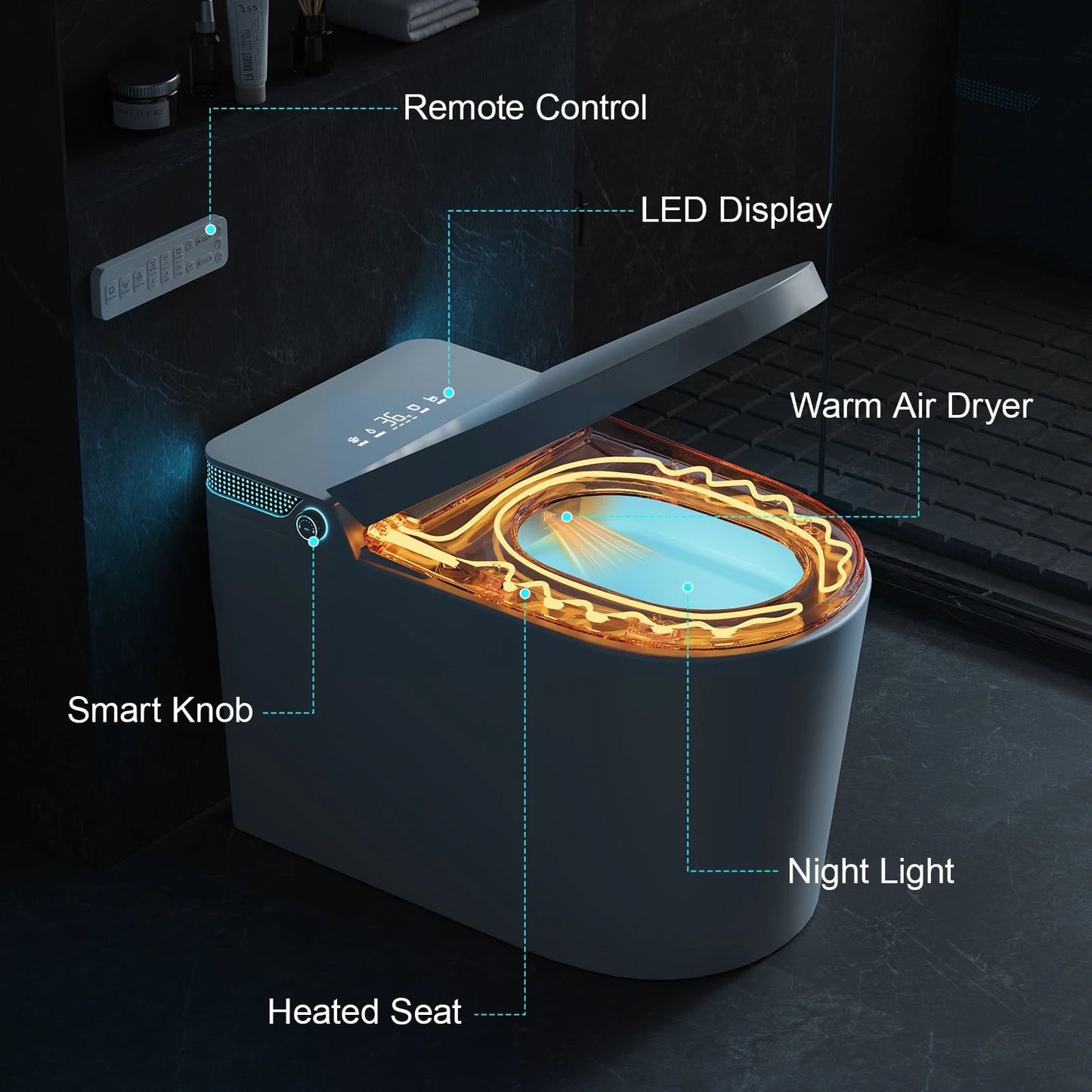 Smart One-Piece Toilet with Built-in Bidet, Dual Auto Flush, Foam Dispenser, Foot Sensor, Heated Seat, Warm Water, Night Light