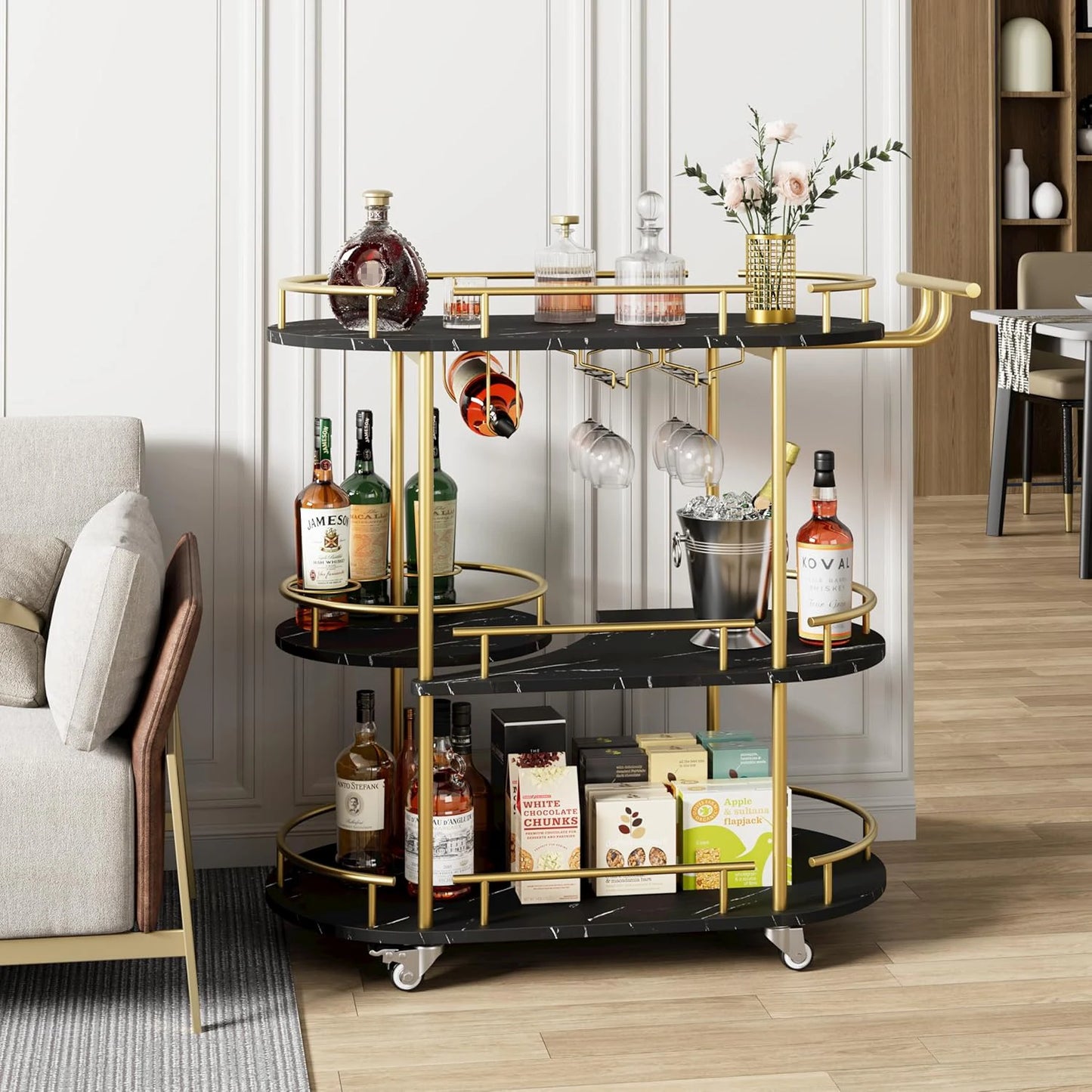 3 Tier Drinks Trolley Bar Cart with Wheels Handle Wine Rack Glass Holders Serving Cart for Kitchen Dining Living Room Bar Hotel