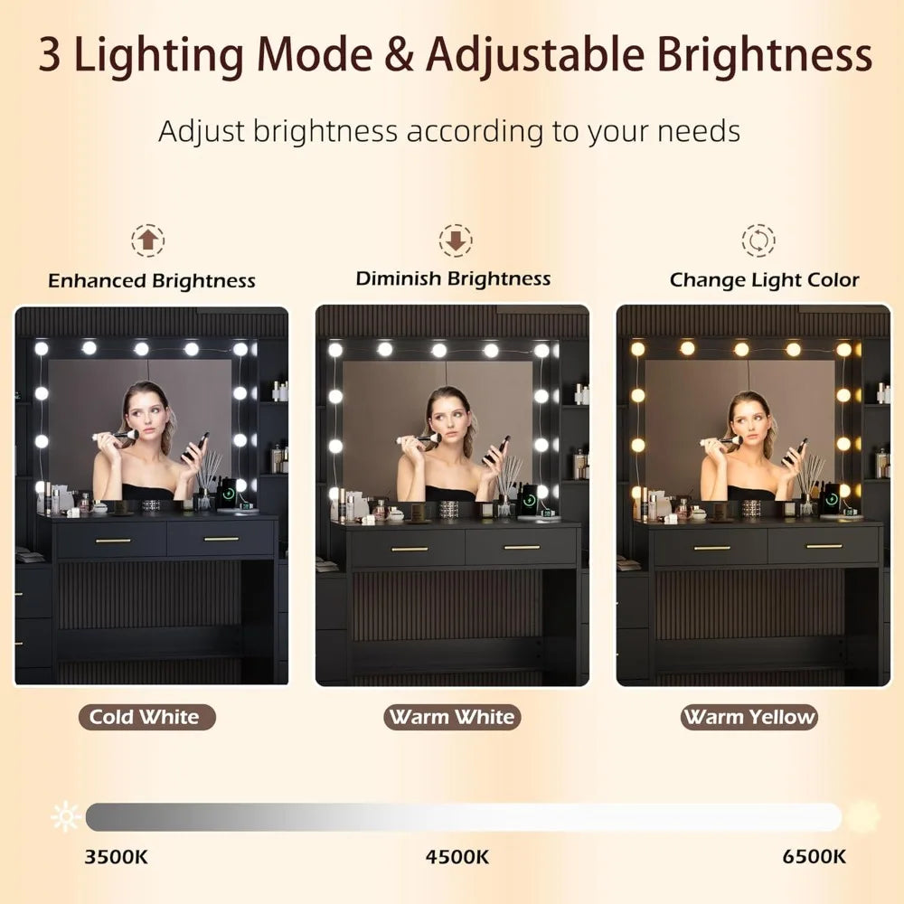 Vanity Desk with Mirror Lights Charging Station 58.3in 3 Lighting Modes 8 Drawers 2 Cabinets Storage Dressing Table Customized