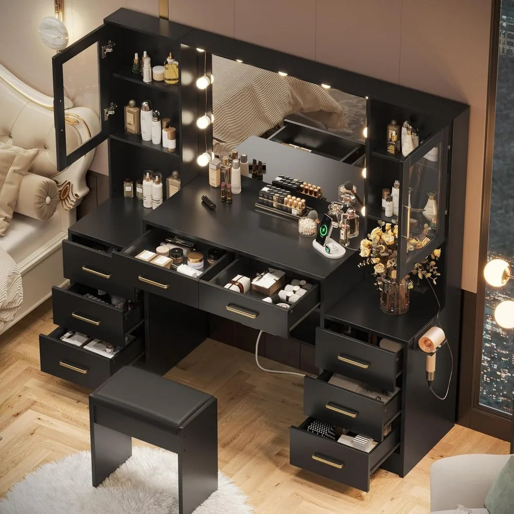 Vanity Desk with Mirror Lights Charging Station 58.3in 3 Lighting Modes 8 Drawers 2 Cabinets Storage Dressing Table Customized