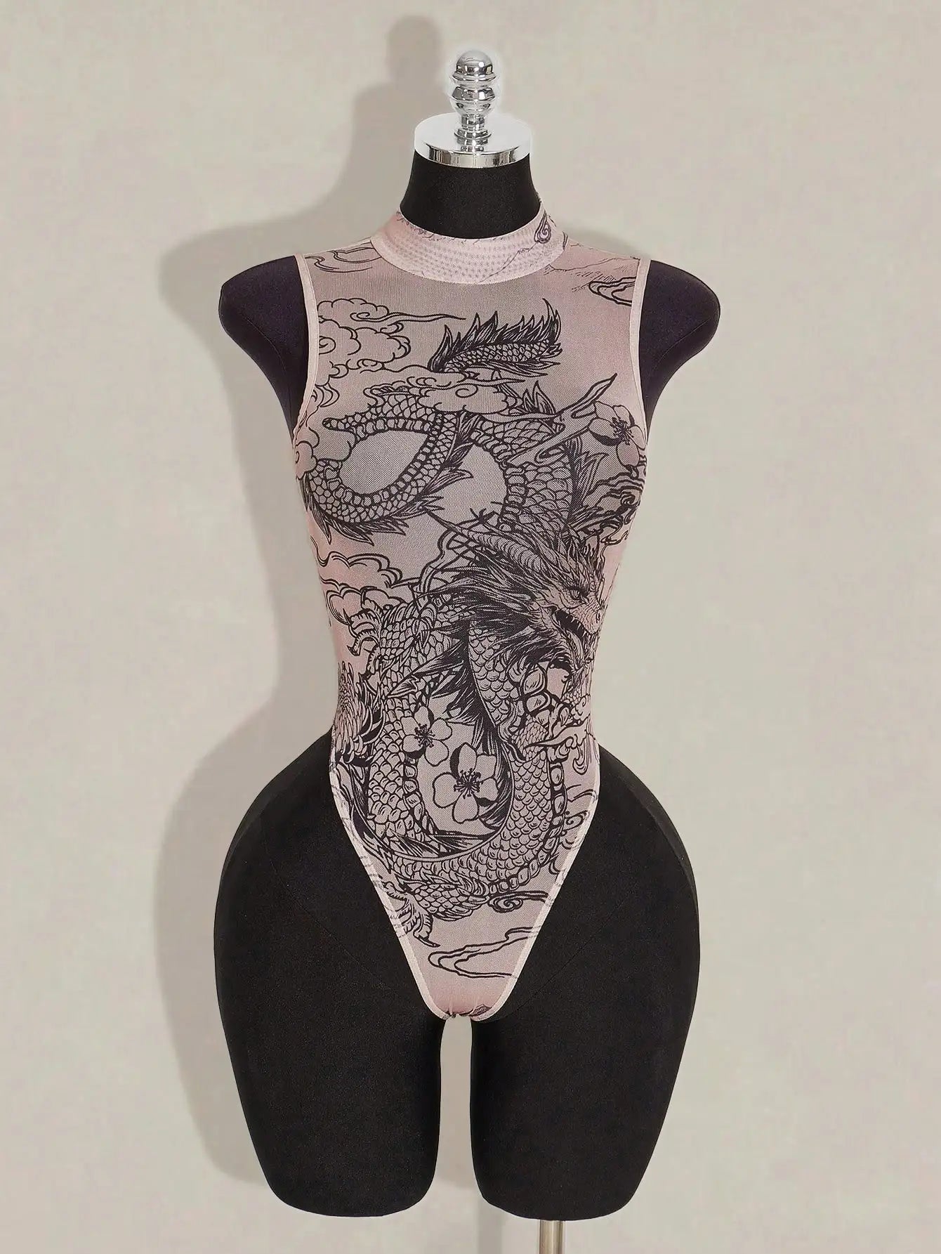 Sheer Mesh Bodysuit with Asian-Inspired Dragon & Floral Print, High Neck, Nude Tone