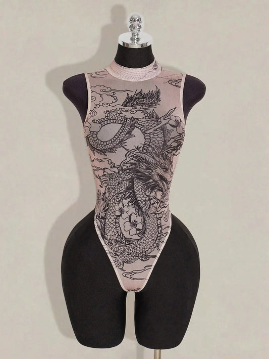 Sheer Mesh Bodysuit with Asian-Inspired Dragon & Floral Print, High Neck, Nude Tone