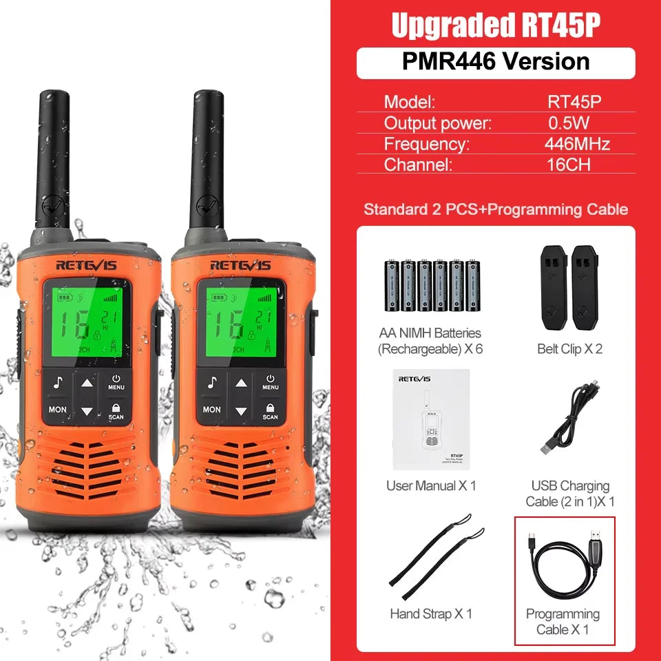 Retevis RT45P IP67 Waterproof Walkie Talkie 2pcs Rechargeable 2-way Radio Receiver PMR446 License Free Type-C for Camping hiking