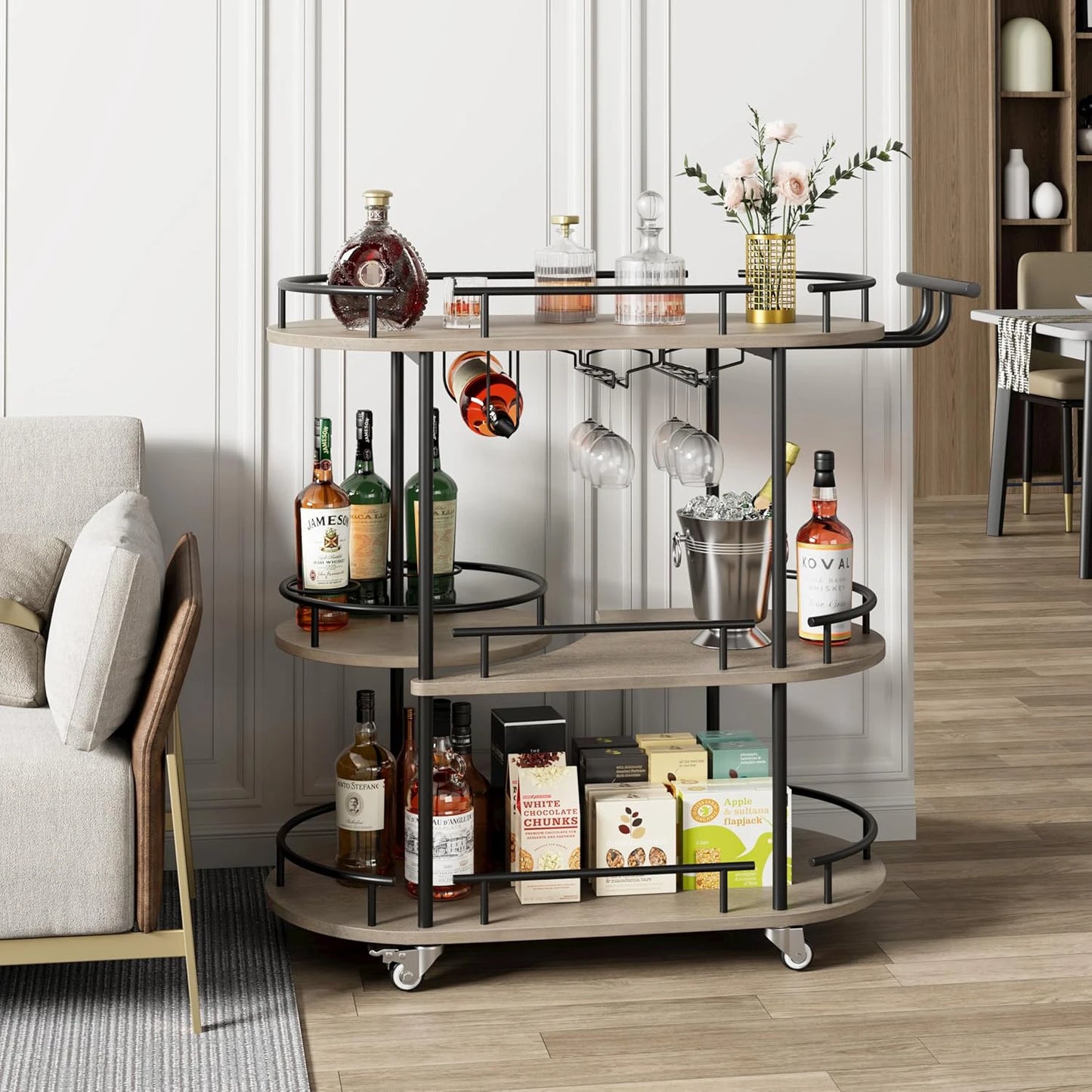 3 Tier Drinks Trolley Bar Cart with Wheels Handle Wine Rack Glass Holders Serving Cart for Kitchen Dining Living Room Bar Hotel