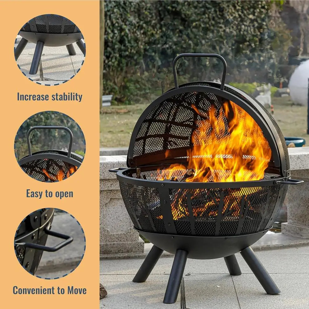 35 Outdoor Wood Burning Fire Pit with BBQ Grill, Spark Screen, and Ash Pan for Garden and Yard