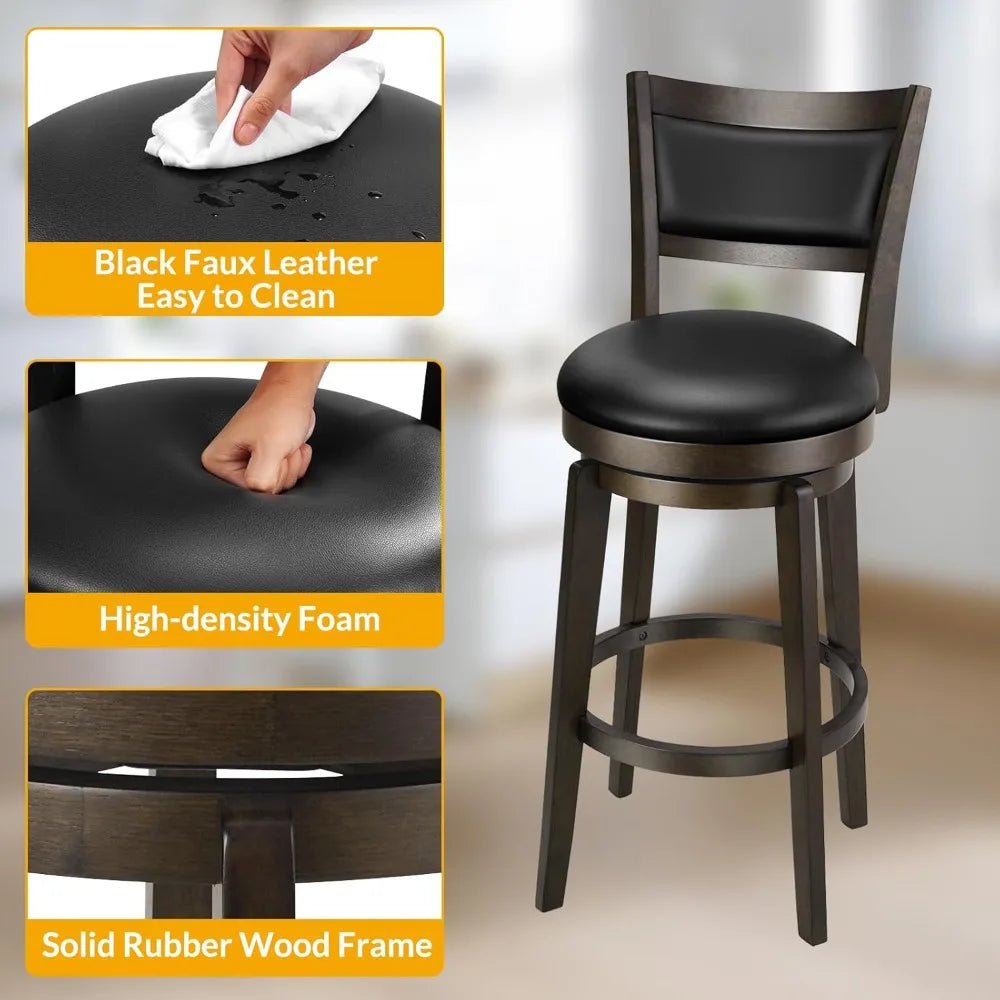 PrimeZone Swivel Bar Stools Set of 2, 24 Inch Counter Height Barstools, Black Faux Leather Bar Stool with High Backrest & Solid