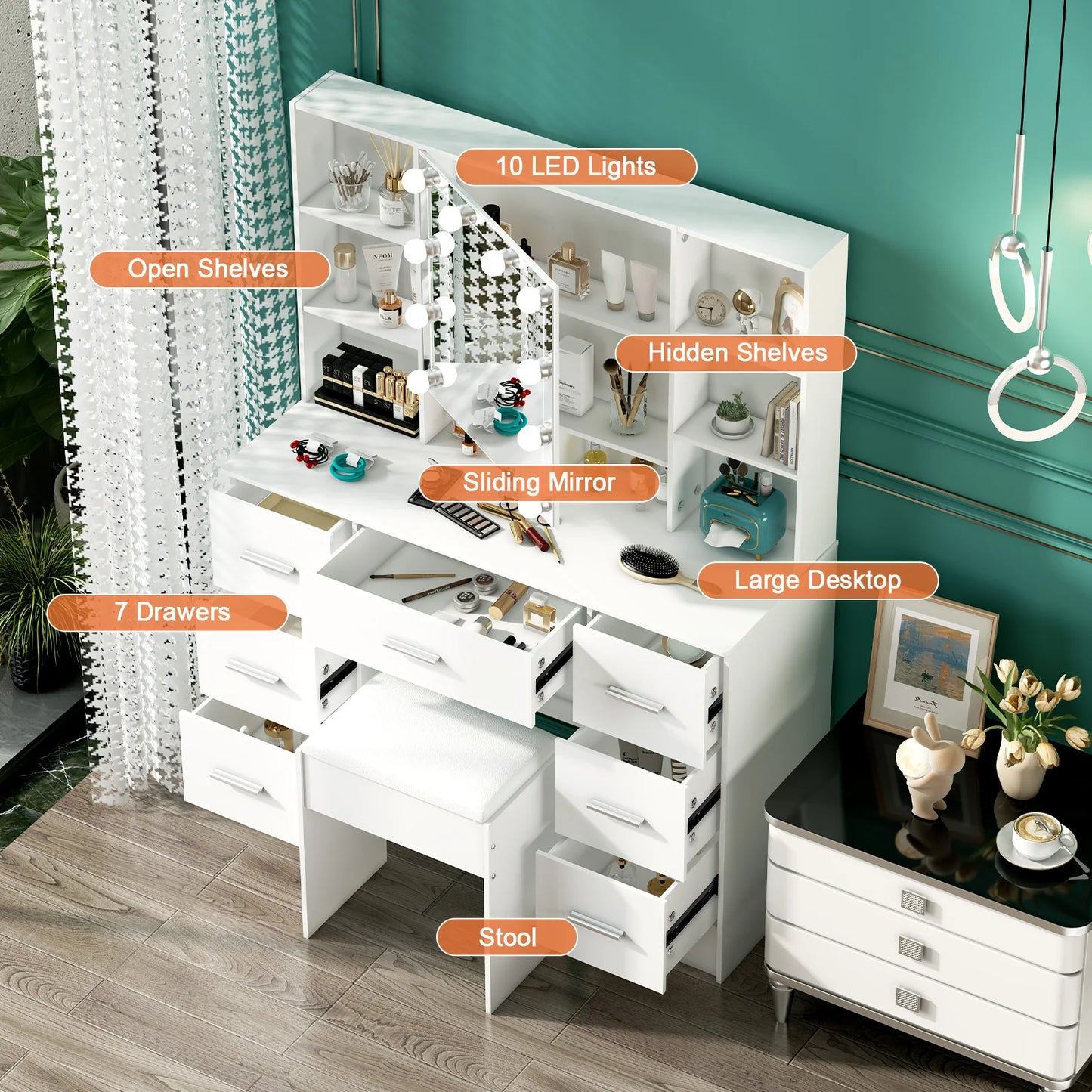 Minimalist vanity with Stool & light-up mirror – 3 light modes, slide-out drawers & shelves