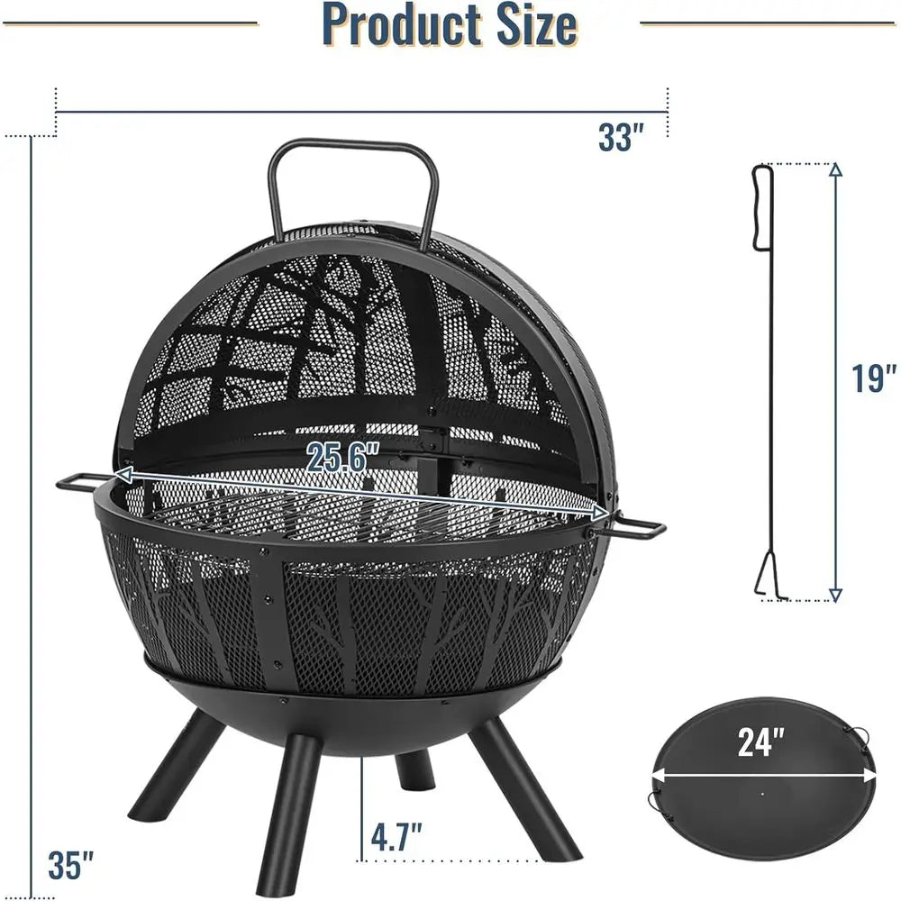 35 Outdoor Wood Burning Fire Pit with BBQ Grill, Spark Screen, and Ash Pan for Garden and Yard