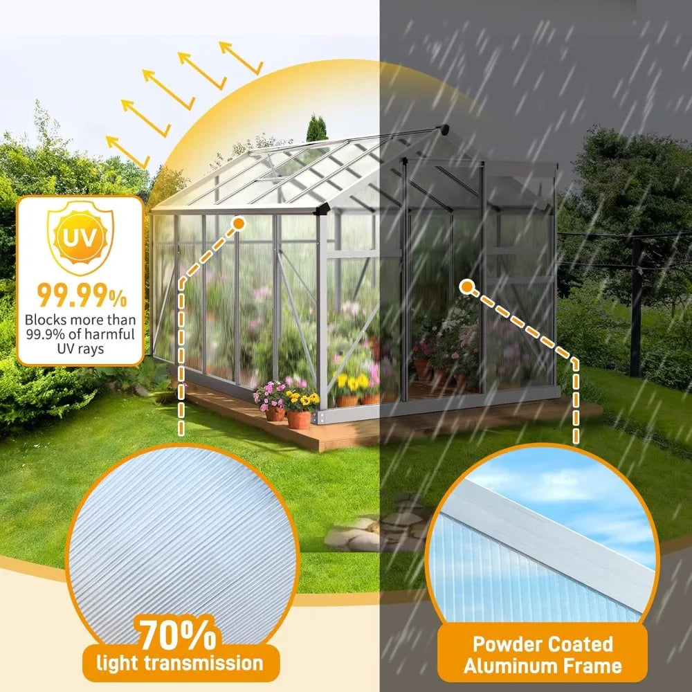 6x10-foot Outdoor Greenhouse, Large Walk-in Polycarbonate Greenhouse with 5 Roof Vents