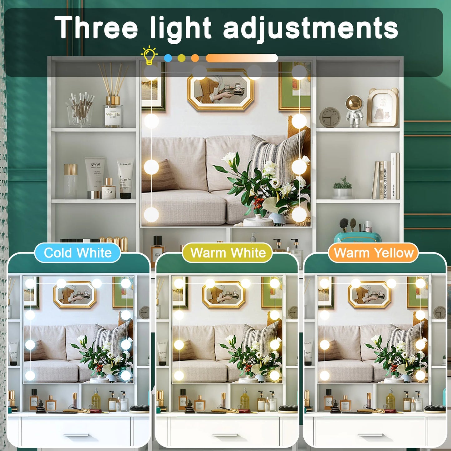 Minimalist vanity with Stool & light-up mirror – 3 light modes, slide-out drawers & shelves