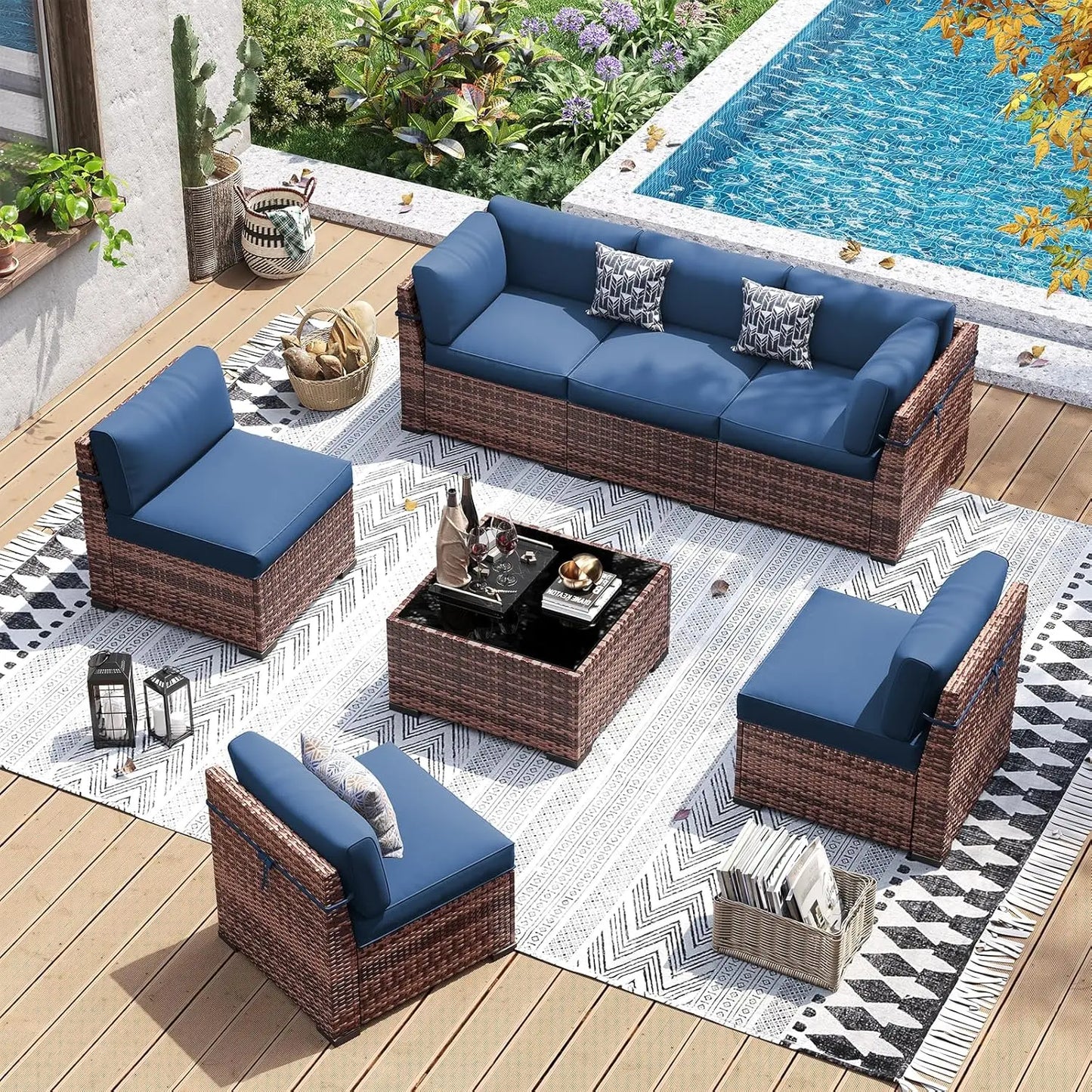 Patio Furniture Set, 7 Pieces PE Wicker Sectional Sofa with Tea Table, Outdoor Conversation Set for Patio, Garden,, Customized