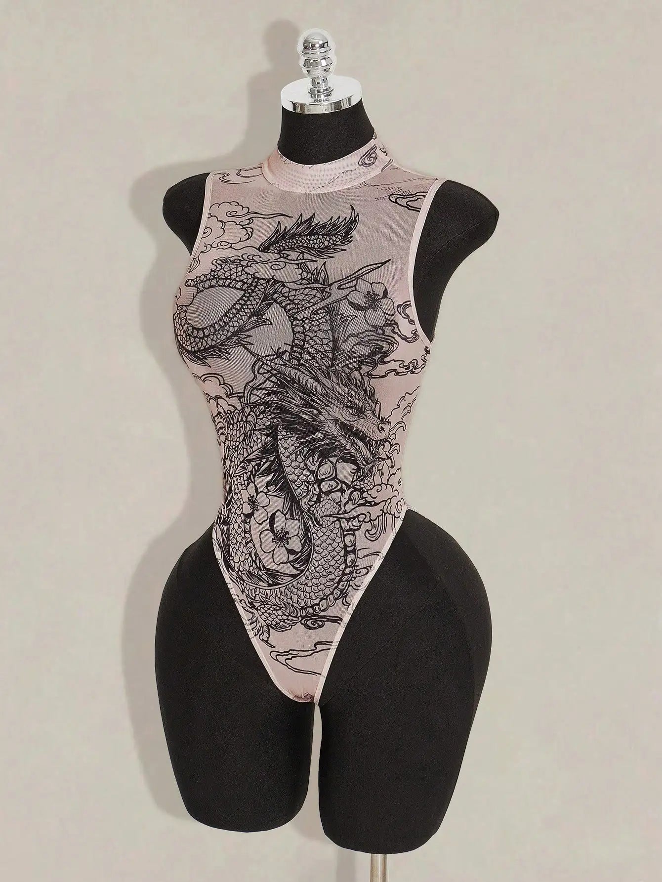 Sheer Mesh Bodysuit with Asian-Inspired Dragon & Floral Print, High Neck, Nude Tone