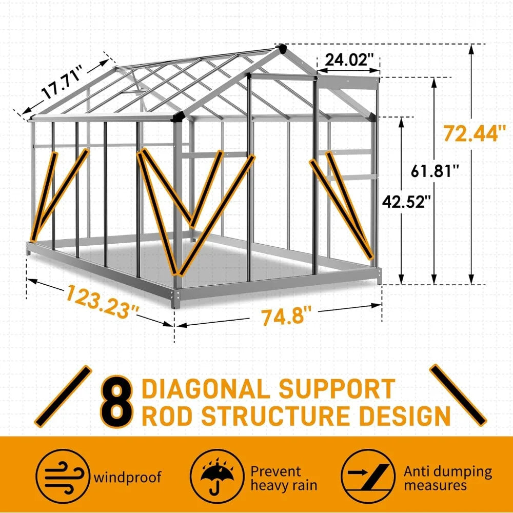 6x10-foot Outdoor Greenhouse, Large Walk-in Polycarbonate Greenhouse with 5 Roof Vents