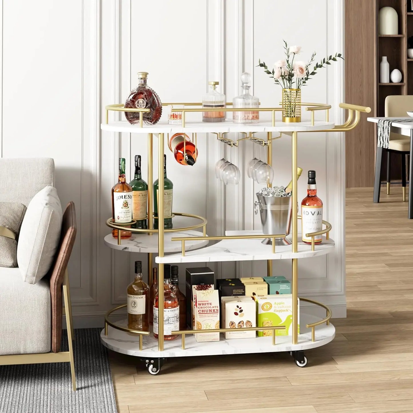 3 Tier Drinks Trolley Bar Cart with Wheels Handle Wine Rack Glass Holders Serving Cart for Kitchen Dining Living Room Bar Hotel