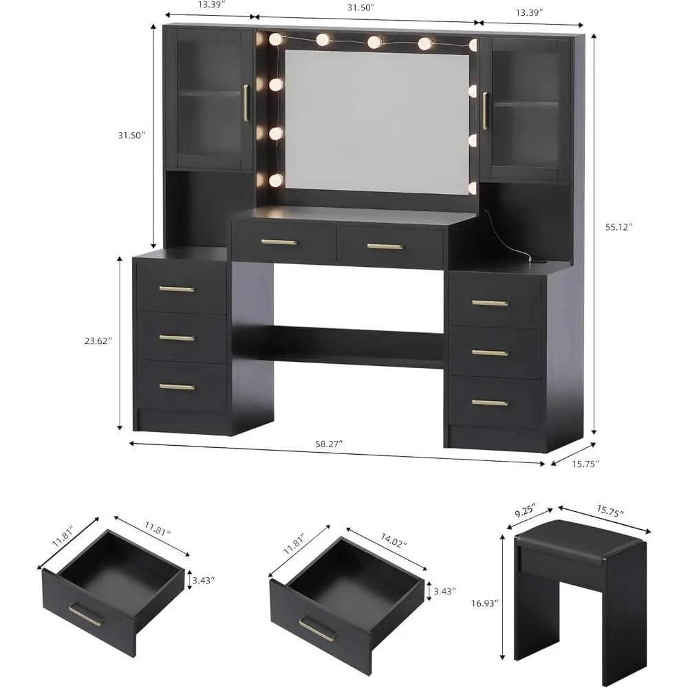 Vanity Desk with Mirror Lights Charging Station 58.3in 3 Lighting Modes 8 Drawers 2 Cabinets Storage Dressing Table Customized