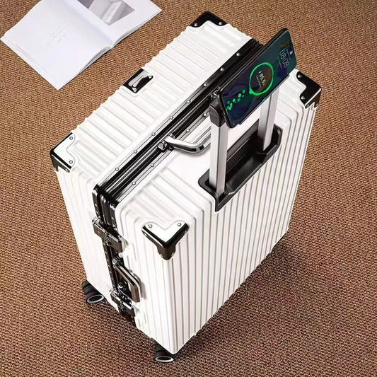 Wolverine luggage, a hard-shell suitcase with 108 rivets, 20-28 inches in size, featuring silent all-terrain wheels, a cup holde