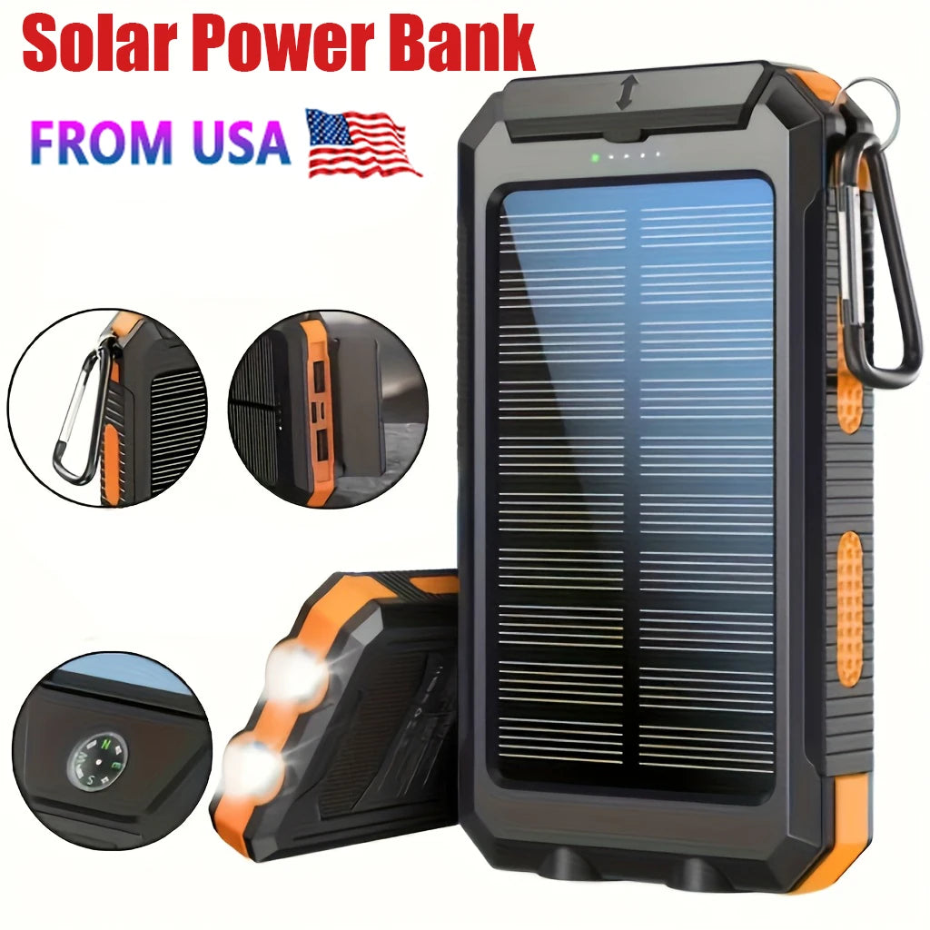 US Stock Solar Power Bank 10000mAh Portable Charging Powerbank External Battery Charger Strong LED Light for All Smartphones