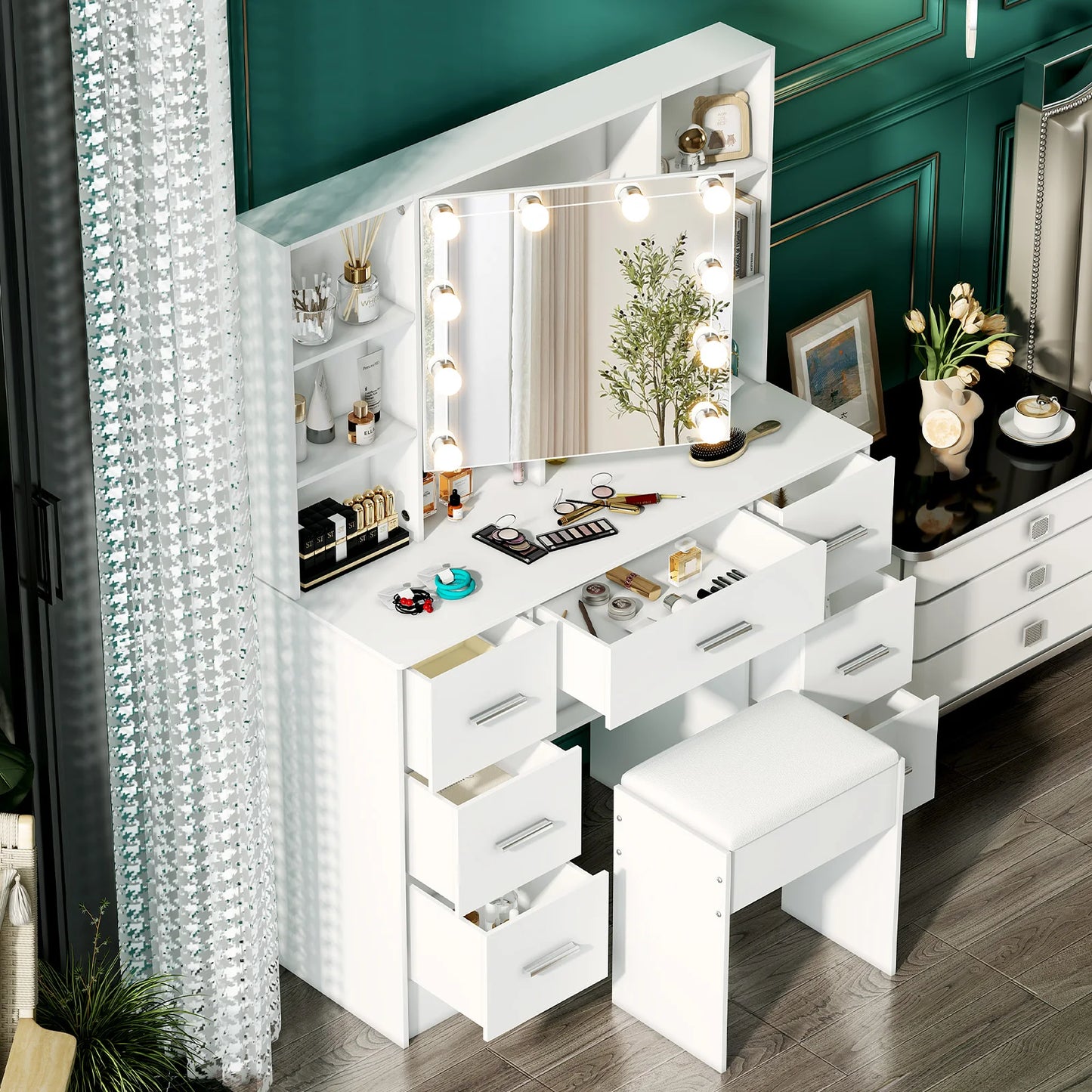 Minimalist vanity with Stool & light-up mirror – 3 light modes, slide-out drawers & shelves