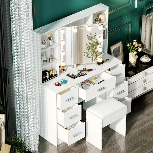 Minimalist vanity with Stool & light-up mirror – 3 light modes, slide-out drawers & shelves