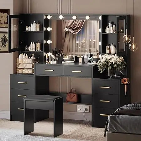 Vanity Desk with Mirror Lights Charging Station 58.3in 3 Lighting Modes 8 Drawers 2 Cabinets Storage Dressing Table Customized