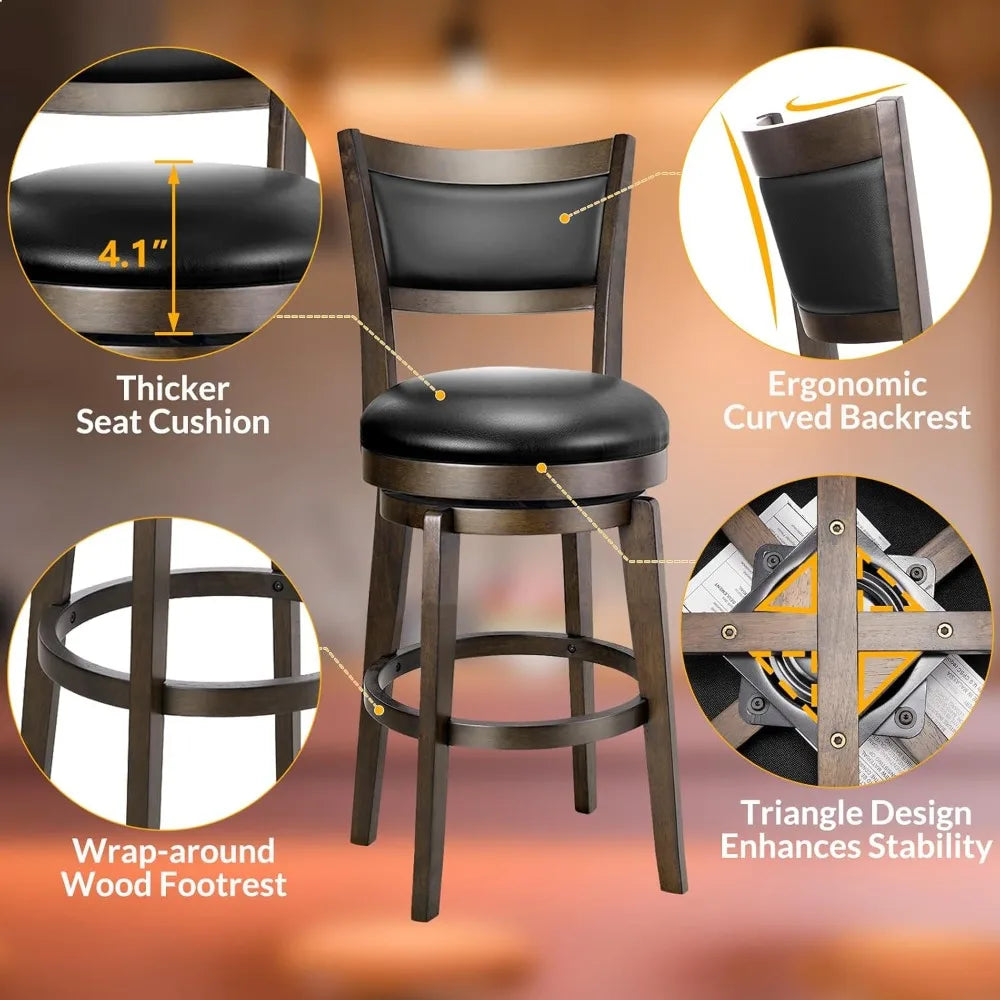 PrimeZone Swivel Bar Stools Set of 2, 24 Inch Counter Height Barstools, Black Faux Leather Bar Stool with High Backrest & Solid