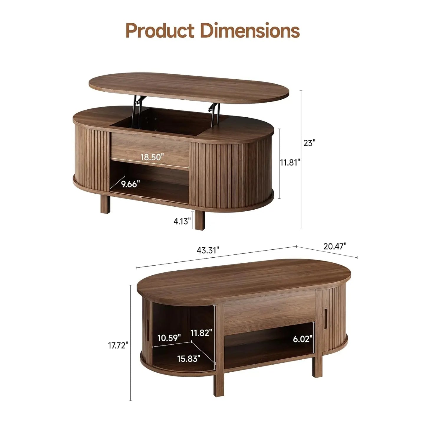 43.3" Oval Lift Top Coffee Table with Hidden Compartment, Fluted Wood Coffee Table with Sliding Door,Customized