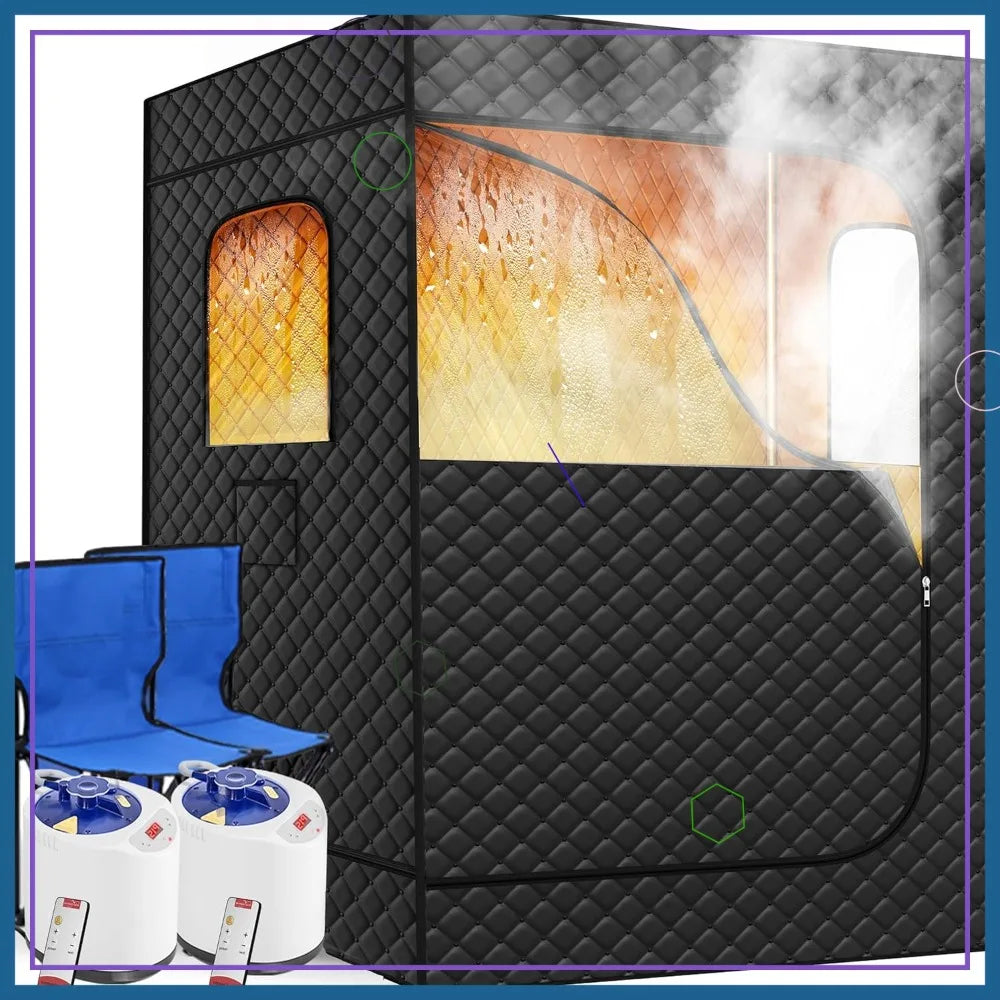 2 Person Portable Steam Sauna Tent with 2 Steamer, Foldable Chairs & Remote Control for Home Spa Therapy