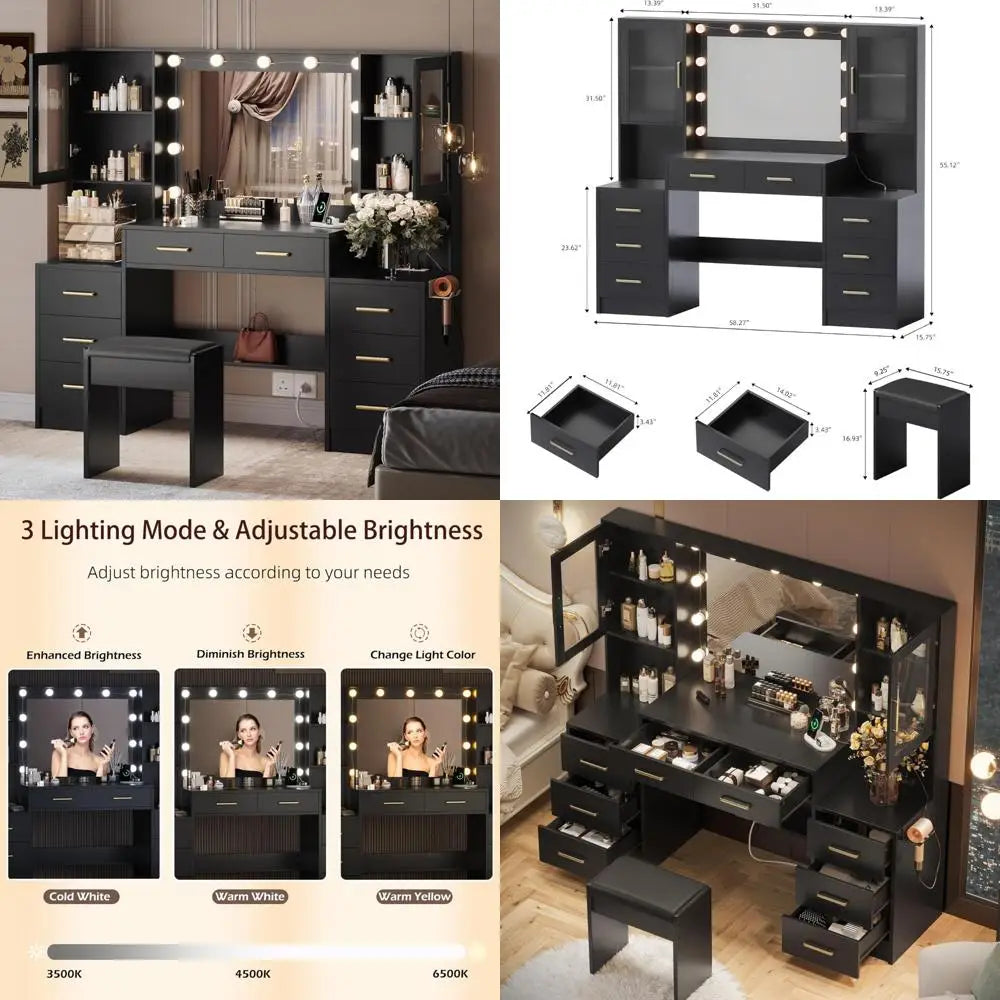 Vanity Desk with Mirror Lights Charging Station 58.3in 3 Lighting Modes 8 Drawers 2 Cabinets Storage Dressing Table Customized