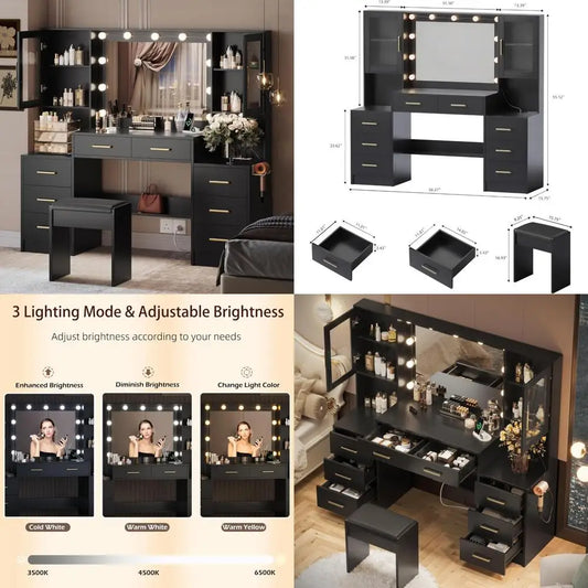 Vanity Desk with Mirror Lights Charging Station 58.3in 3 Lighting Modes 8 Drawers 2 Cabinets Storage Dressing Table Customized