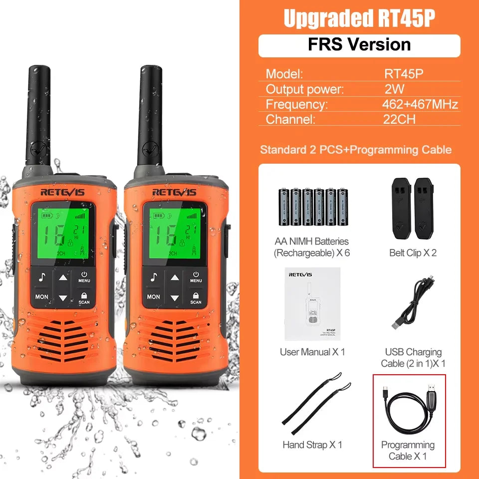 Retevis RT45P IP67 Waterproof Walkie Talkie 2pcs Rechargeable 2-way Radio Receiver PMR446 License Free Type-C for Camping hiking
