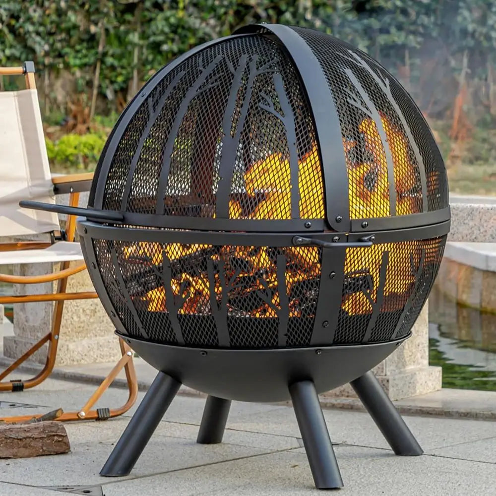 35 Outdoor Wood Burning Fire Pit with BBQ Grill, Spark Screen, and Ash Pan for Garden and Yard