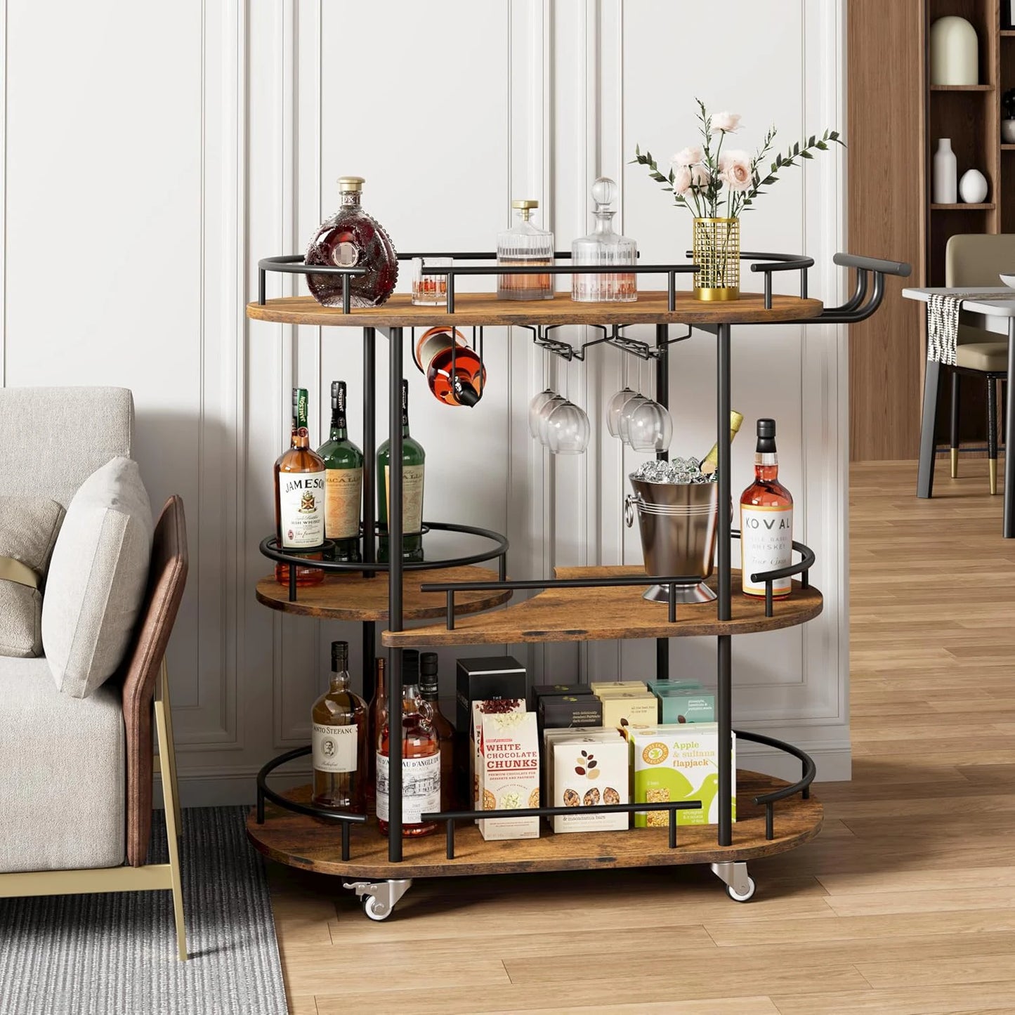 3 Tier Drinks Trolley Bar Cart with Wheels Handle Wine Rack Glass Holders Serving Cart for Kitchen Dining Living Room Bar Hotel