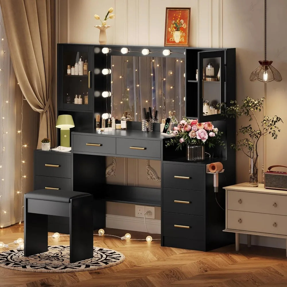 Vanity Desk with Mirror Lights Charging Station 58.3in 3 Lighting Modes 8 Drawers 2 Cabinets Storage Dressing Table Customized