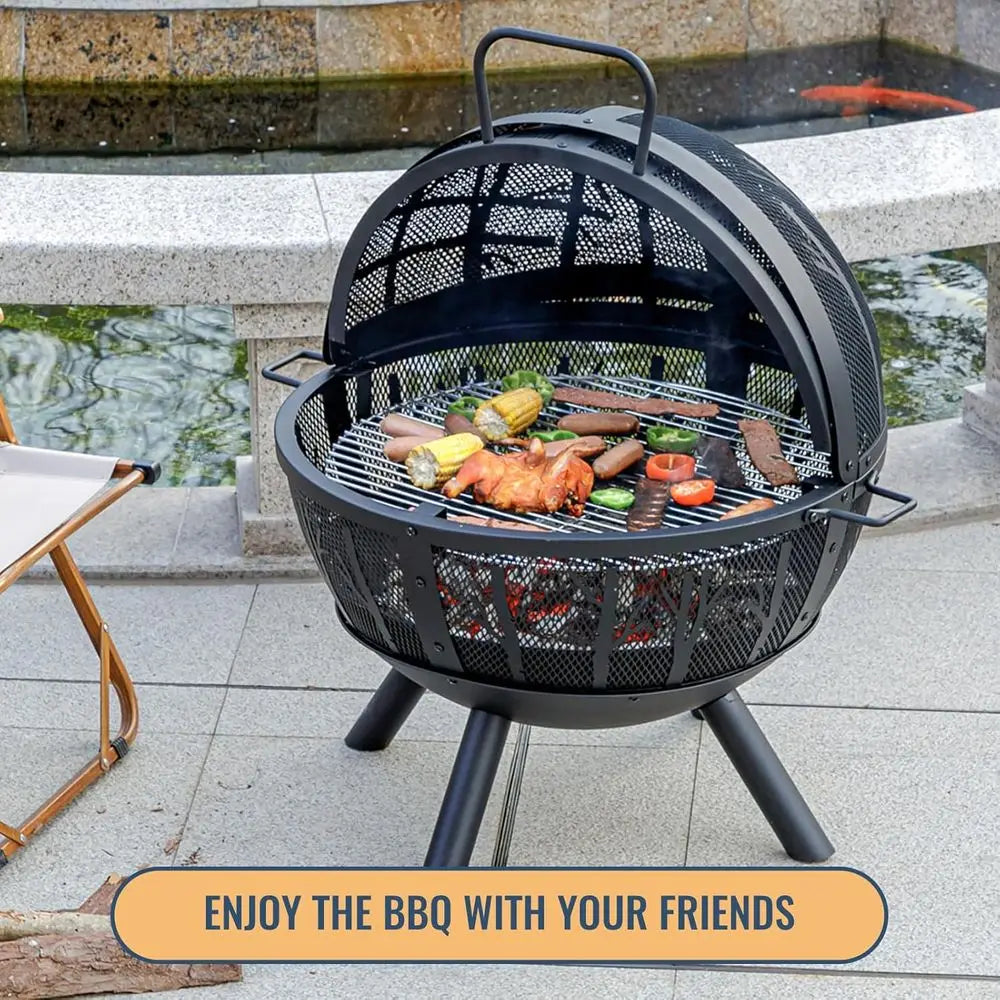 35 Outdoor Wood Burning Fire Pit with BBQ Grill, Spark Screen, and Ash Pan for Garden and Yard