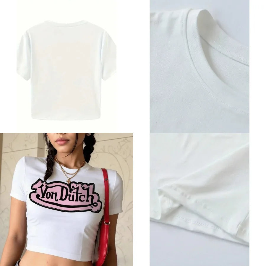 【New style】Von Dutch, Women's Casual Neck Cropped T-ShirtA Pure Cotton Crew Neck Short-Sleeve Women's T-Shirt With A Slogan Print Summer
