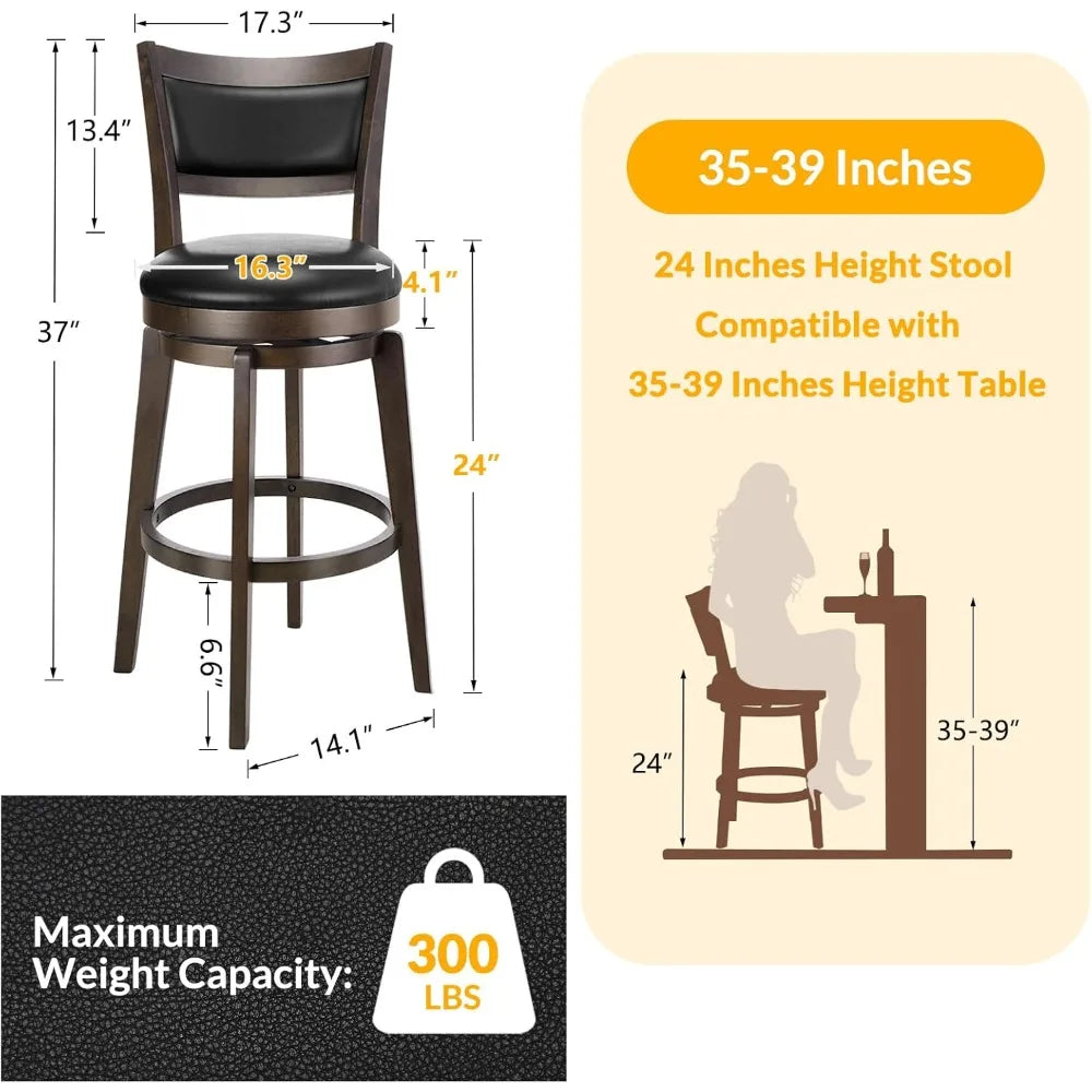 PrimeZone Swivel Bar Stools Set of 2, 24 Inch Counter Height Barstools, Black Faux Leather Bar Stool with High Backrest & Solid