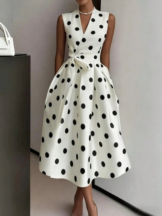 Women's V-Neck Sleeveless Polka Dot Wrap Dress with Waist Tie