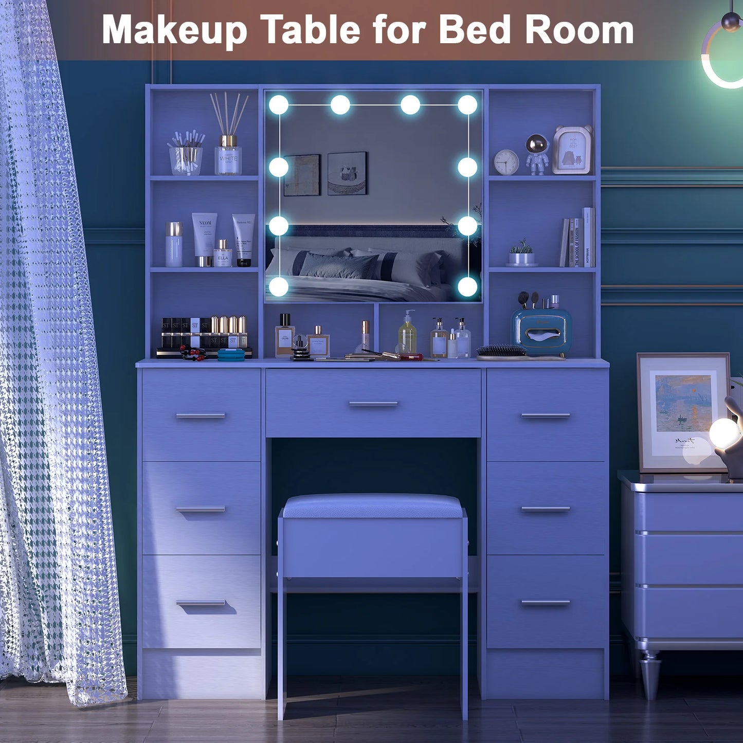 Minimalist vanity with Stool & light-up mirror – 3 light modes, slide-out drawers & shelves