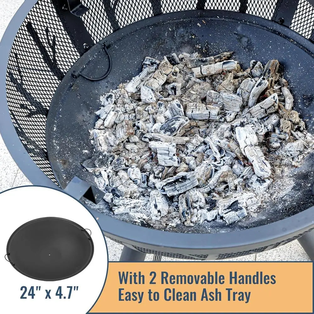 35 Outdoor Wood Burning Fire Pit with BBQ Grill, Spark Screen, and Ash Pan for Garden and Yard