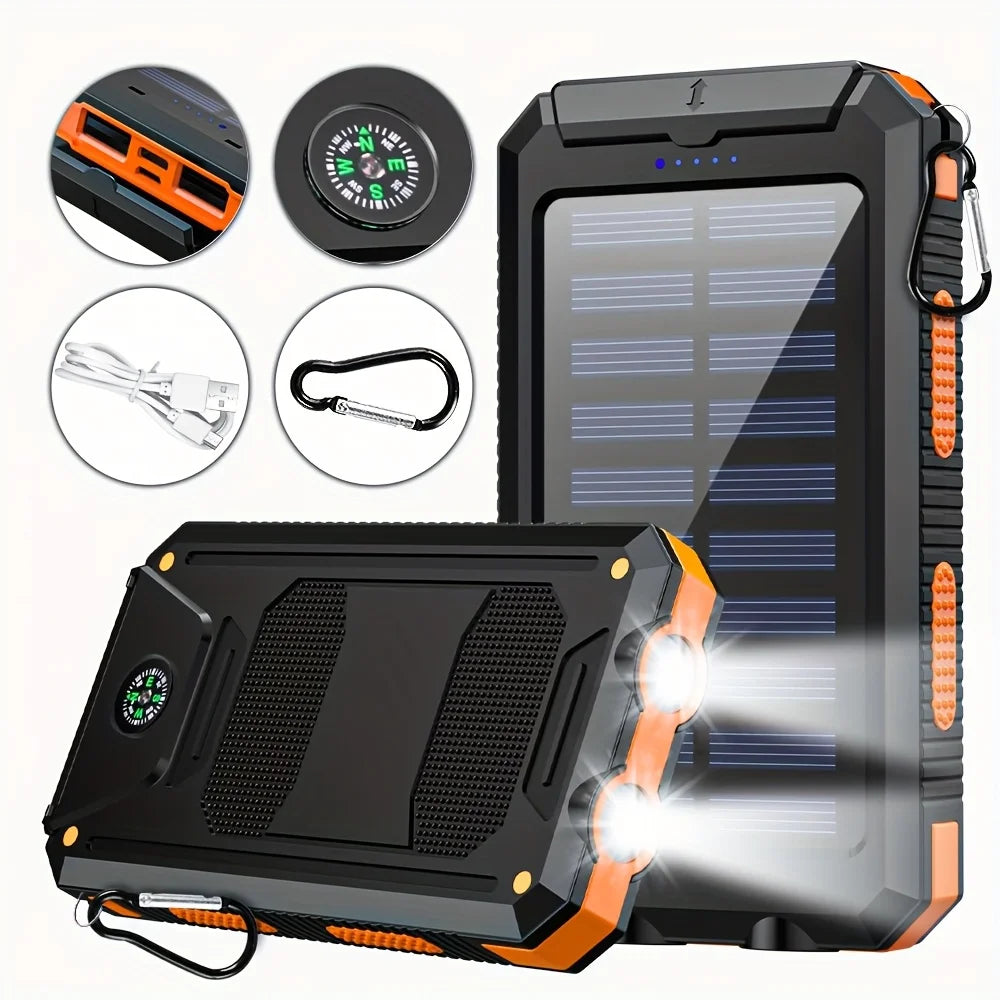 US Stock Solar Power Bank 10000mAh Portable Charging Powerbank External Battery Charger Strong LED Light for All Smartphones
