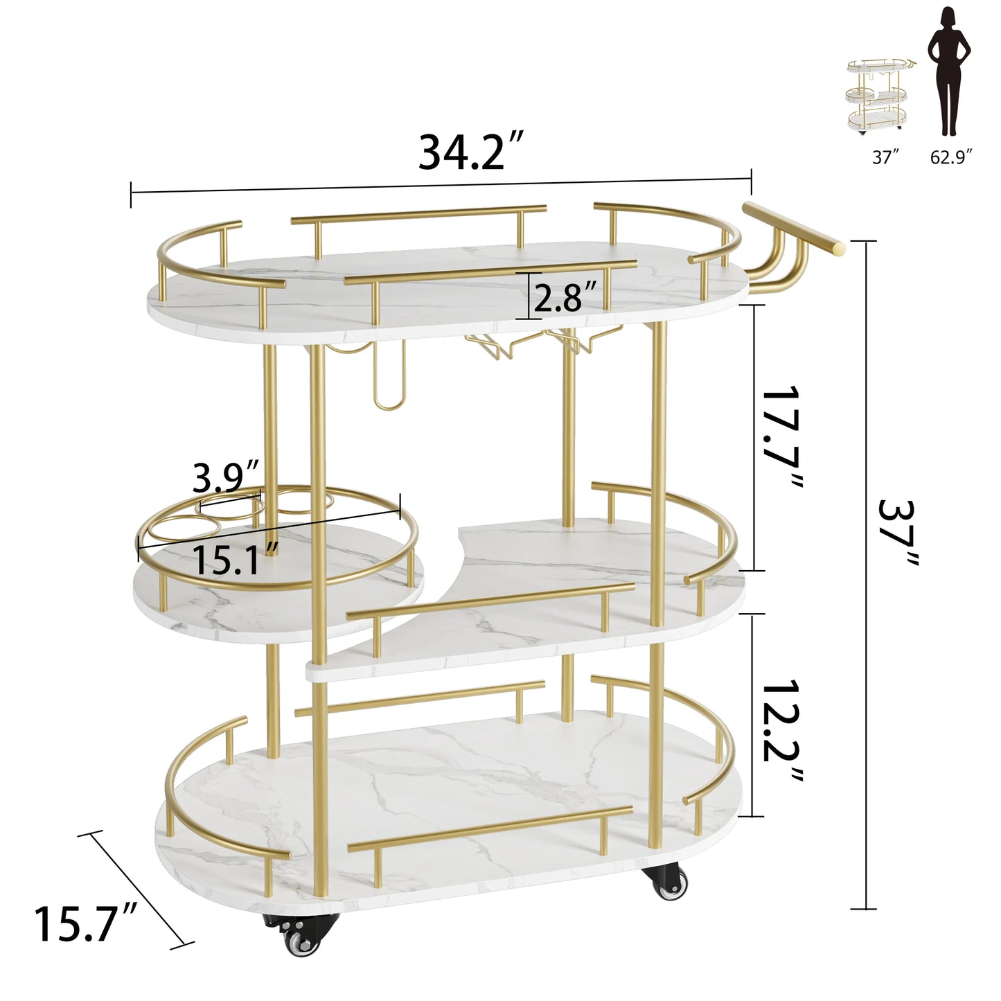 3 Tier Drinks Trolley Bar Cart with Wheels Handle Wine Rack Glass Holders Serving Cart for Kitchen Dining Living Room Bar Hotel